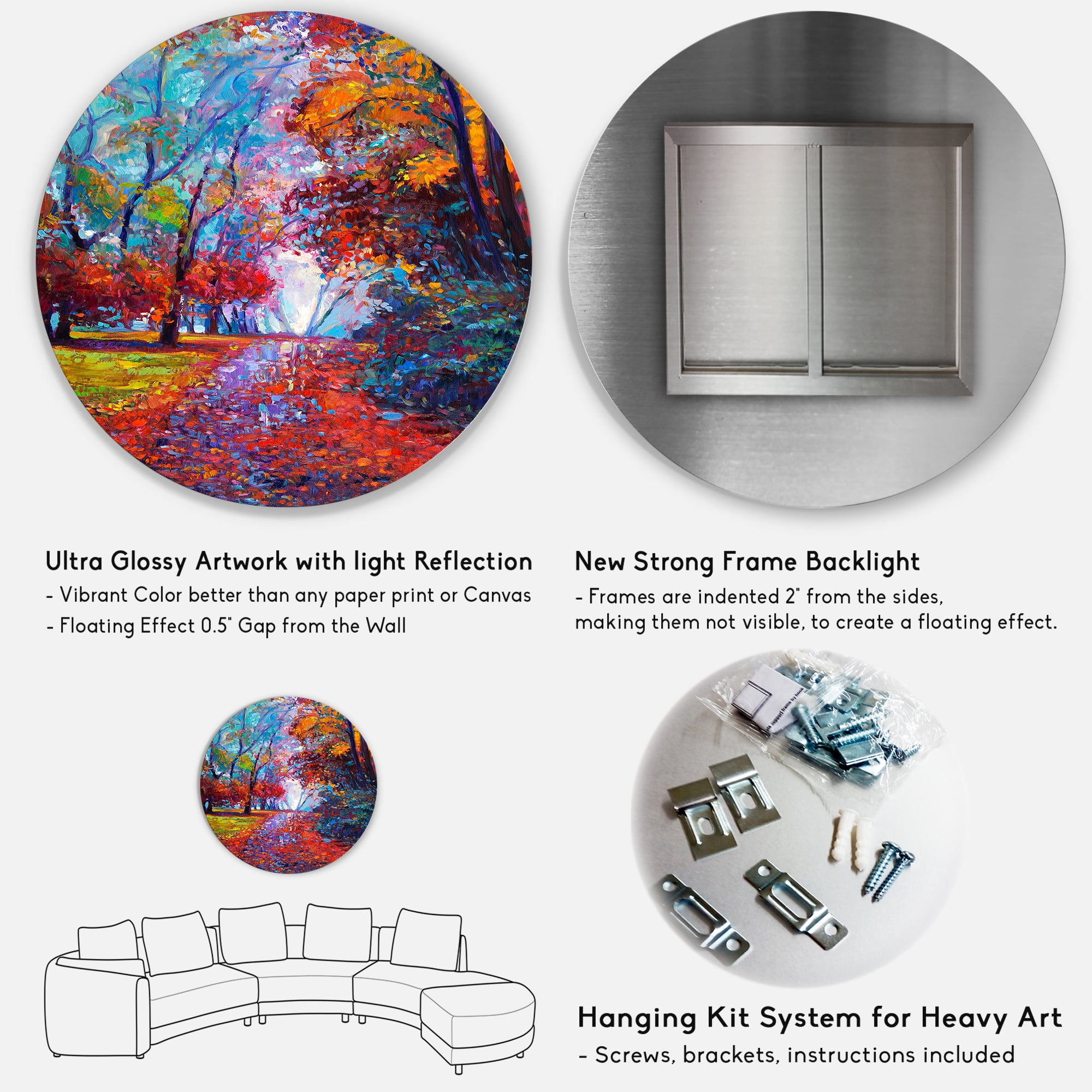 Designart 'Red Autumn Landscape With Little Road' Traditional Circle Metal Wall Art 29x29 - Disc of 29