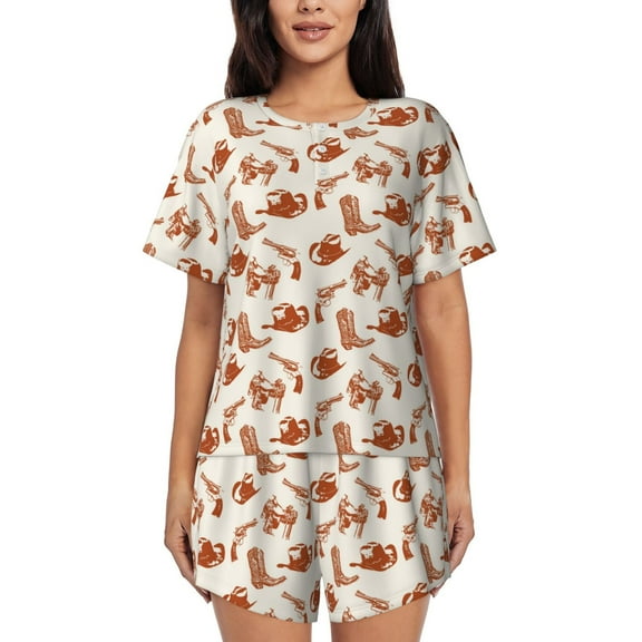 Rateoe Cowboy Western Pattern Women's Short-Sleeved Pajama Set - 2 Piece Soft and Lightweight Sleepwear Set-Small