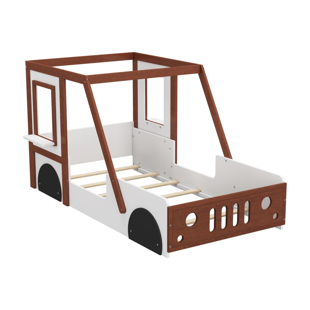AUU Twin Size Car-Shaped Platform Bed, White and Orange Car Design with Fun Play Style