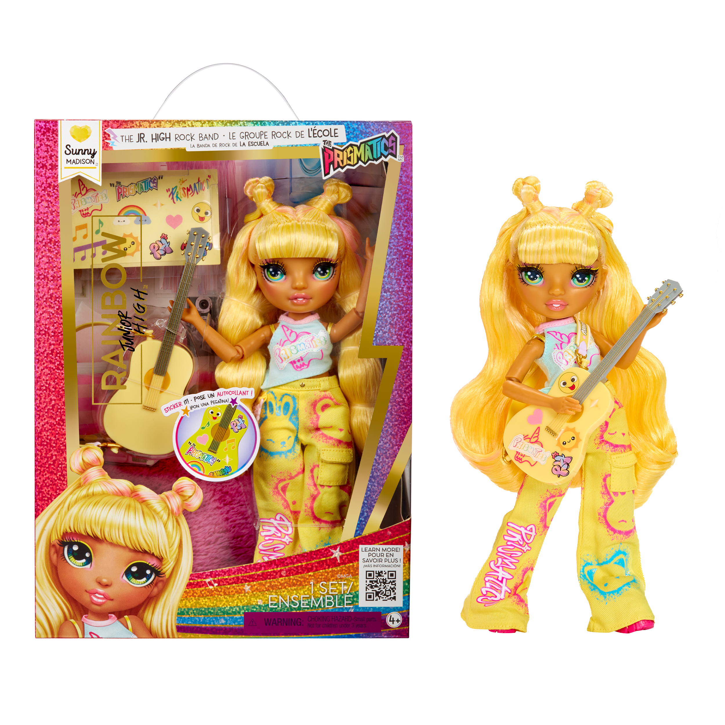 Rainbow High Jr High Rock Band - Sunny, Yellow 9” Fashion Doll with Guitar, Customize with Stickers