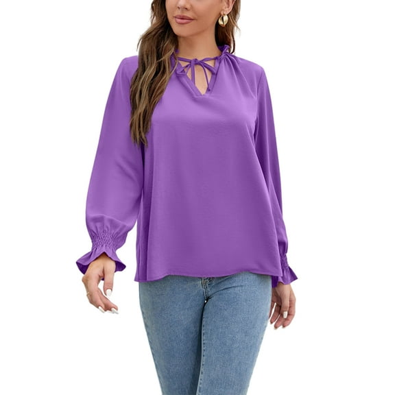 Solid Color Long Sleeve Ruffle Tie Neck Light Blouse for Women Purple Small