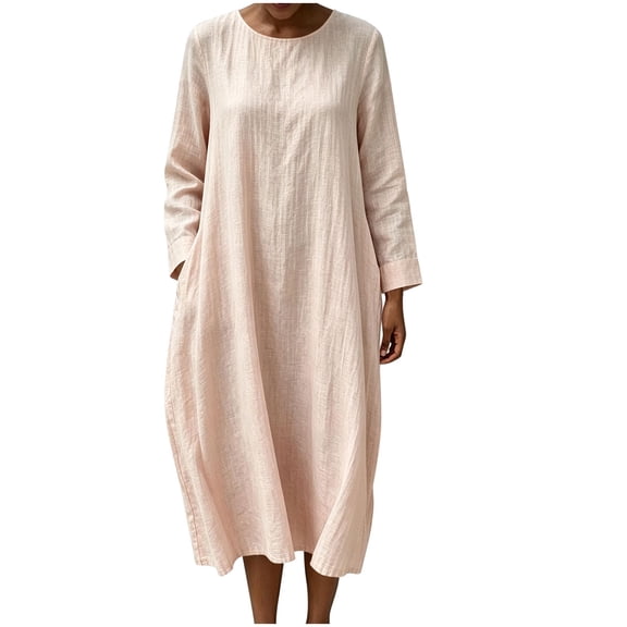Ygbgbb Women Linen‑Blend Crew Neck Midi Dress, Three‑Quarter Sleeve Relaxed Oversized A‑Line Dress with Side Pockets for Beach Travel Pink XXL