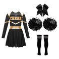 thumbnail image 3 of MSemis Tenues d'Uniforme de Cheerleading pour Filles Robe de Danse à Épaules Dénudées avec Nœud Papillon Couvre-Chef Fleurs à la Main Chaussettes Rayées Noir&Blanc Taille 16, 3 of 6