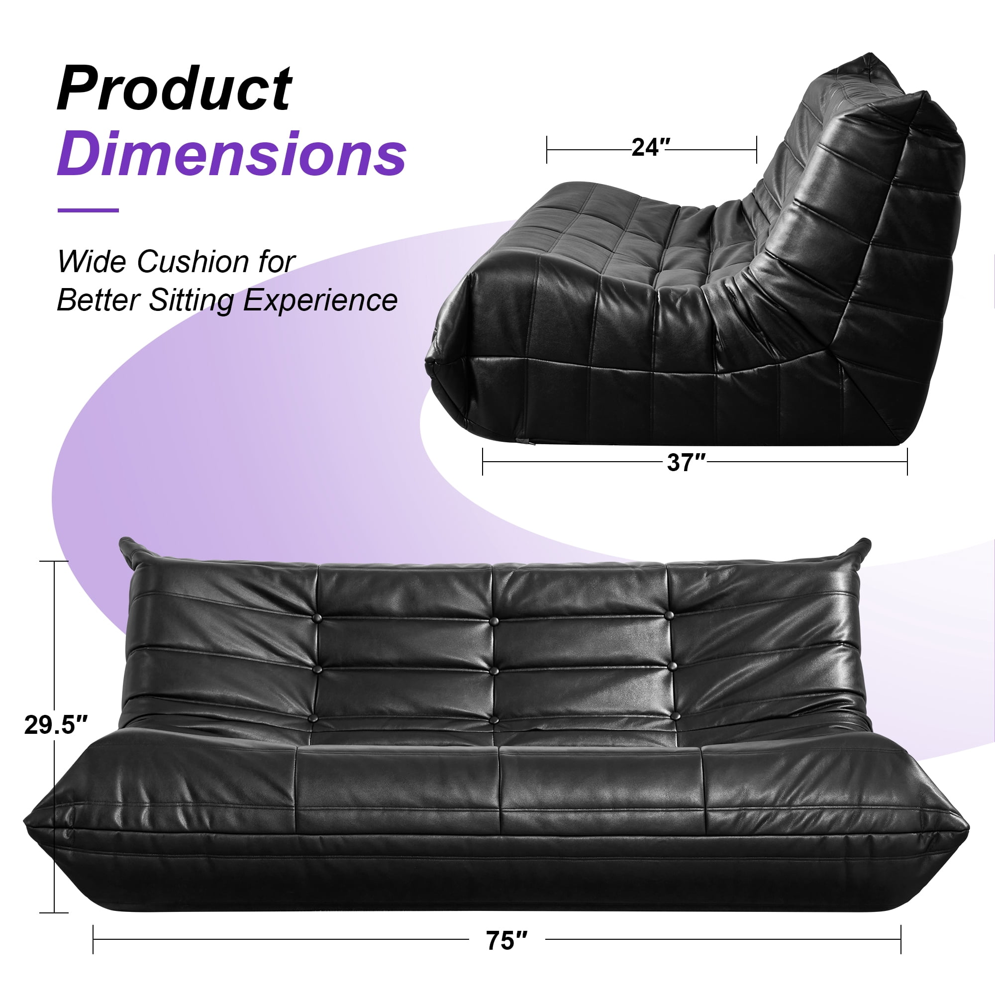 Hobestluk Bean Bag Chair Giant Bean Bag Sofa 3 Seater Bean Bag Chairs for Adults, Loveseat Floor Chair, Leather Bean Bag Chairs for Living Room Bedroom Office (Black, 3-Seater)