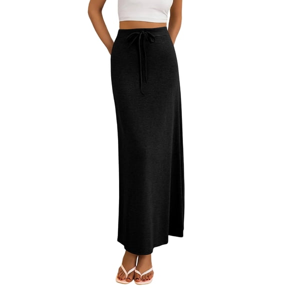 Womenβs High Waist Maxi Skirt with Adjustable Drawstring Waistband and Side Slit Long Straight Hem Casual Style Black 2XL