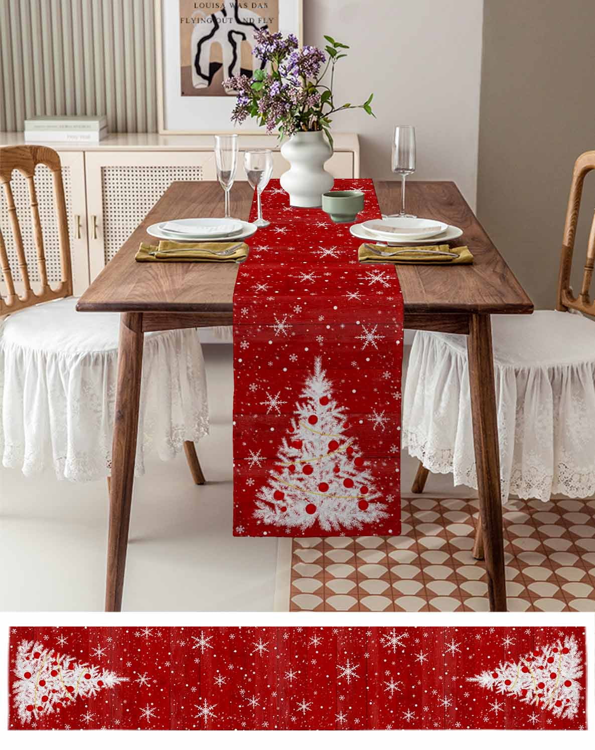Ldtrchee Red Christmas Tree Table Runner 72 Inches, Vintage Balls Snowflake Xmas Tree Bed Runner Dresser Scarves Tabletop for Indoor Outdoor Parties/Ceremony/Banquet, 16" x 72"
