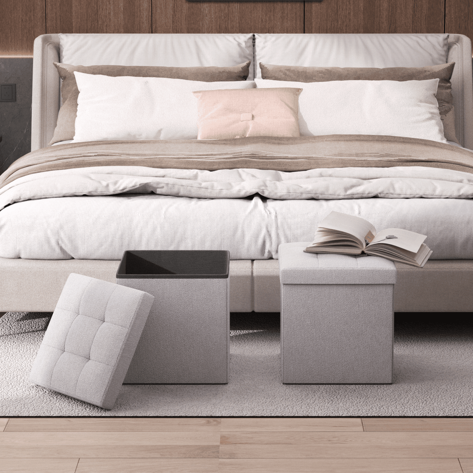 Magshion 15" Cube Folding Ottoman with Storage, Cotton-linen Collapsible Storage Ottoman Foot Stool, for Living Room Bedroom Entryway, Light Gray