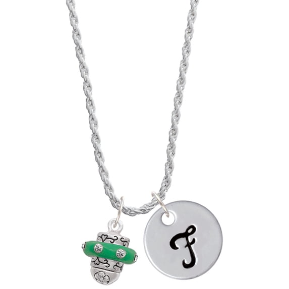 Delight Jewelry Silvertone Crystal Green Spinner Silvertone Script Initial Disc - F - Charm Necklace, 20"+3"