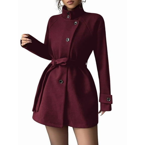 Women'S Elegant Mock Neck Collar Single Breasted Wool Blend over Coat with Belt Wine Red S
