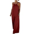 thumbnail image 2 of Linen Jumpsuit for Womens Loose Fitting Breathable Wide Leg Pants with Side Pockets Spaghetti Strap Overalls Red Overall Shorts S, 2 of 8