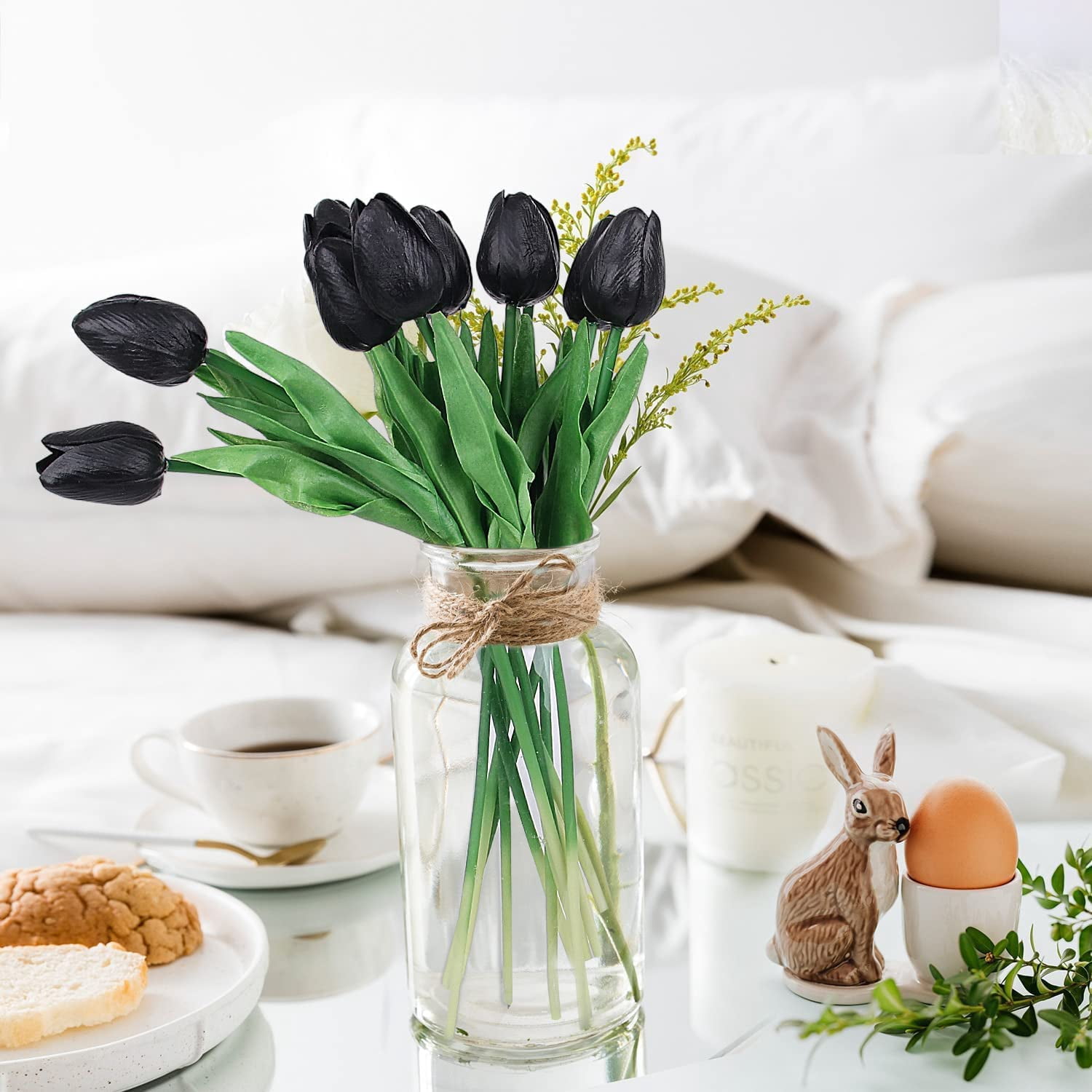 HAOSHICS 30pcs Artificial Tulips Flowers Fake Latex Tulip Stems - Real Touch Faux Colorful,for Easter Spring Wedding Bouquet Centerpiece Floral Arrangement Wedding Table Decor (Black)