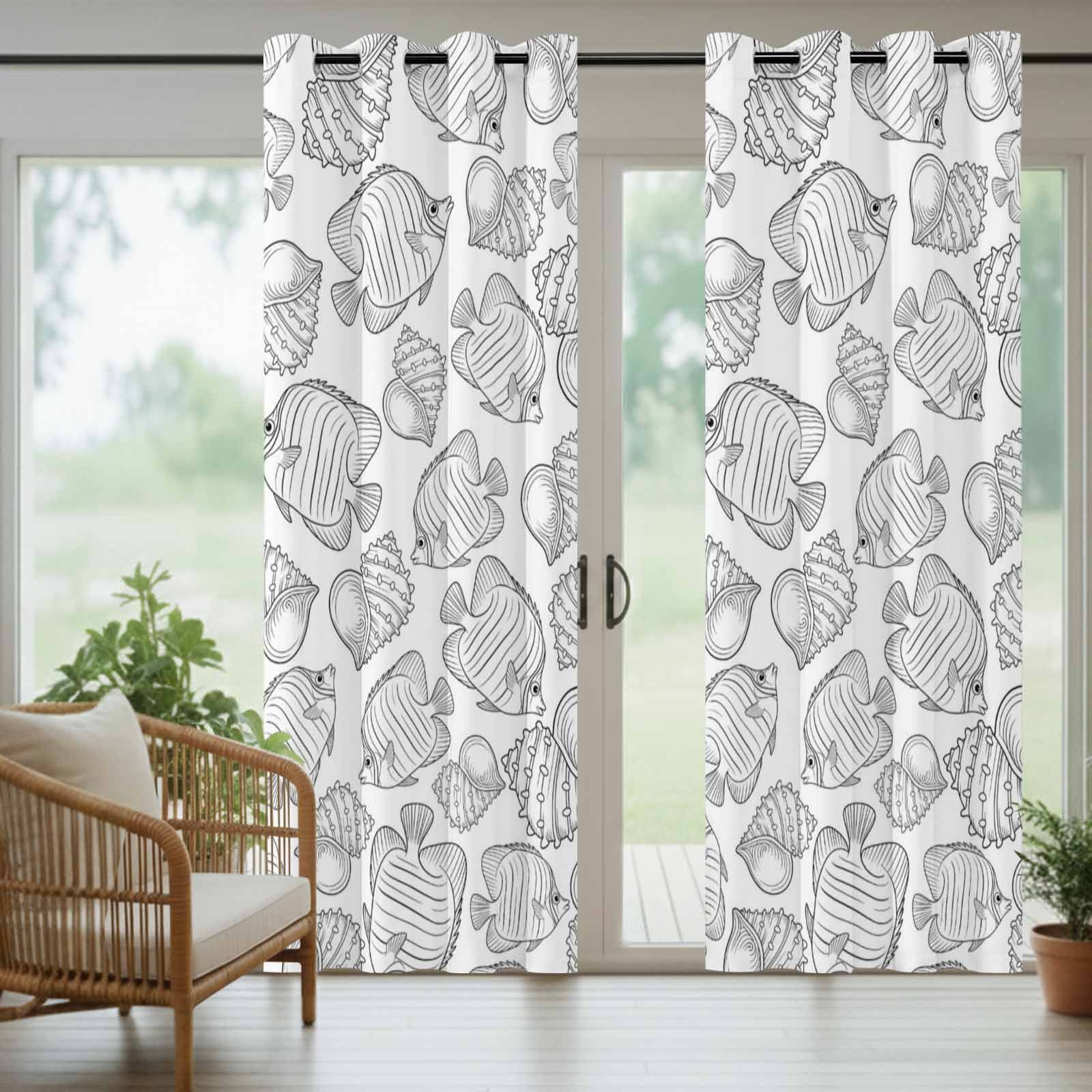 Marine Life Outdoor Curtains for Patio, Oceans Fish Sea Nut Line Sketches Style Black Sunshade Privacy Drapes Grommet Waterproof Outside Curtains for Porch/Cabana/Balcony 54"x 108", 1 Panel