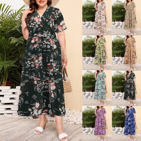 Jinhomg Vacation Dresses for Women Elegant Floral Print Boho Dress Plus Size Casual Short Sleeve Wrap V-Neck Midi Dresses Flowy Swing Aline Dress Purple XXXXL