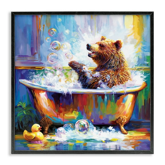 Stupell Industries Happy Bear in Bathtub Bath & Laundry Painting Black Framed Art Print Wall Art, 12 x 12