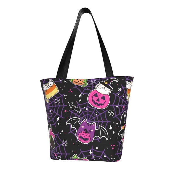 TEQUAN Reusable Shoulder Tote Bags, Gothic Pumpkin Cats Witch Halloween Prints Polyester Casual Shopping Grocery Bag for Women