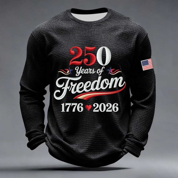 We The People T Shirt Long Sleeve Waffle Crewneck Tees Featuring USA Anniversary Print Everyday Easy Mens T-shirts Black L