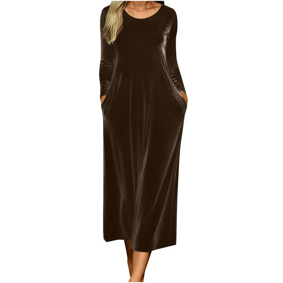 FRSASU Velvet Dress for Women Solid Casual Crewneck Shirt Dresses Elegant Cocktail Long Sleeve Maxi Dress with Pockets Brown XL(XL)