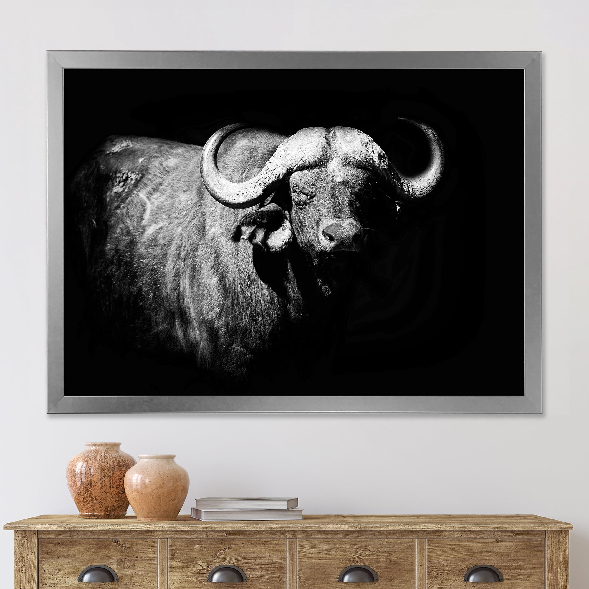 Designart 'Black and White Portrait Of Buffalo I' Farmhouse Framed Art Print