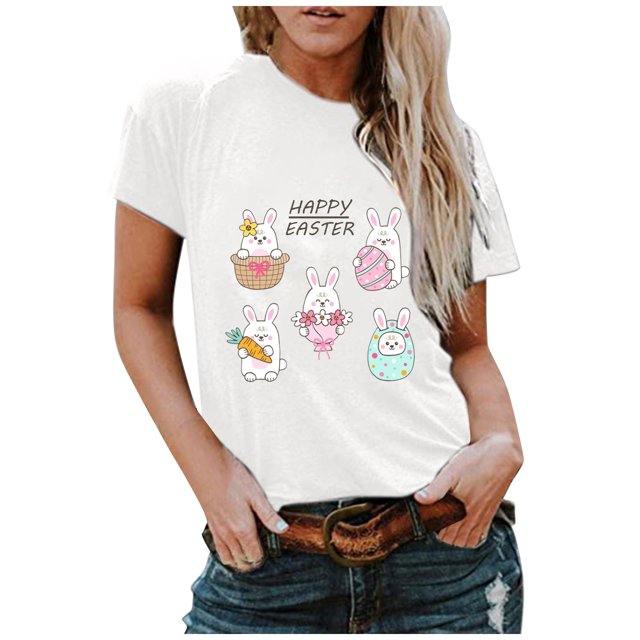 Hauts d'Été pour Femmes Grande Taille, T-shirt à Col Rond avec Imprimé Lapin, Manches Courtes, Blouse Décontractée Ample, T-shirt à Col en V pour Femmes en Liquidation
