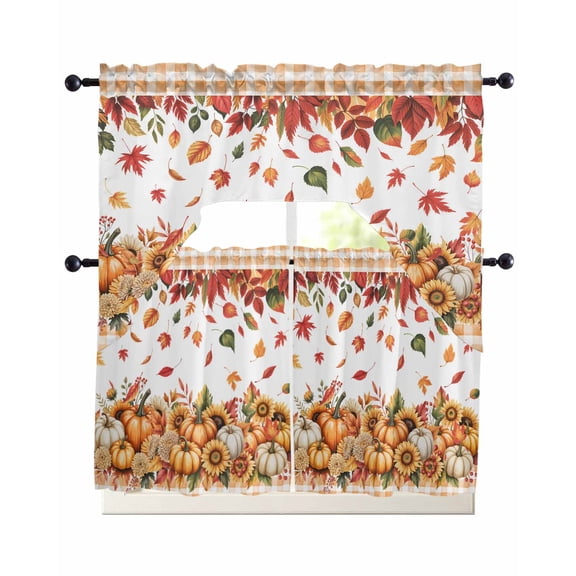 Orange Pumpkin Fall Swag Curtains for Living Room/Bedroom Windows, Thanksgiving Plaid Botanical Floral Kitchen Curtains and Valances Set 36 Inch Length, Light Filtering Swags Valance Curtain Panels