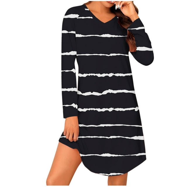 cfhntfmh Chemises de Nuit pour Femmes Mode Imprimée Manches Longues Col en V Robe de Pyjama Douce Fluide Robe de Sommeil Tenue d'Intérieur