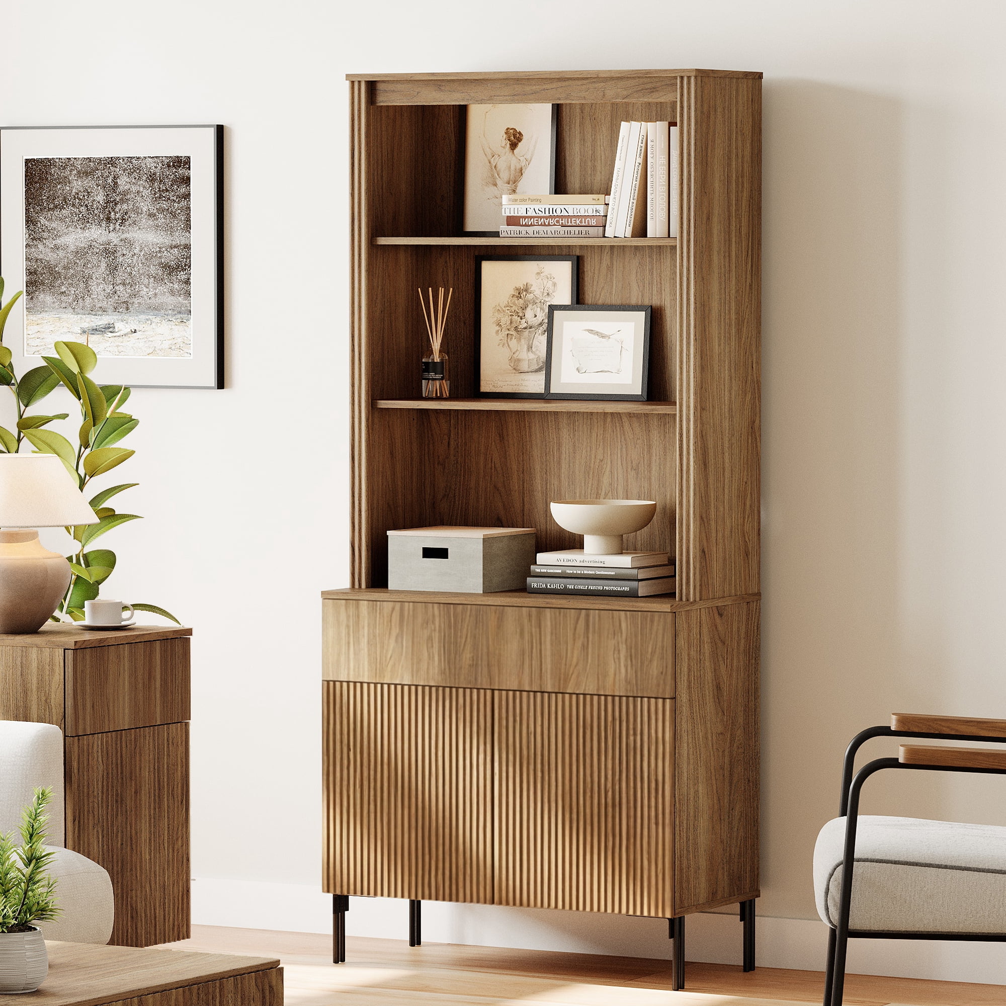 71.6" Tall Modern 5 Tier Bookcase with Storage Cabinet, Wooden Display Cabinet with Fluted Doors and Drawer, Versatile Bookshelf for Living Room, Study, Office