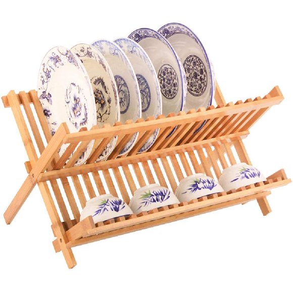 Collapsible Dish Drying Rack - Bamboo Kitchen Dish Rack And Drainboard Set - Wooden Folding Drainboard Counter for Dishes Plate Bottle Bowls Utensil Glass Dryer Holder Foldable Wood Drainers Racks