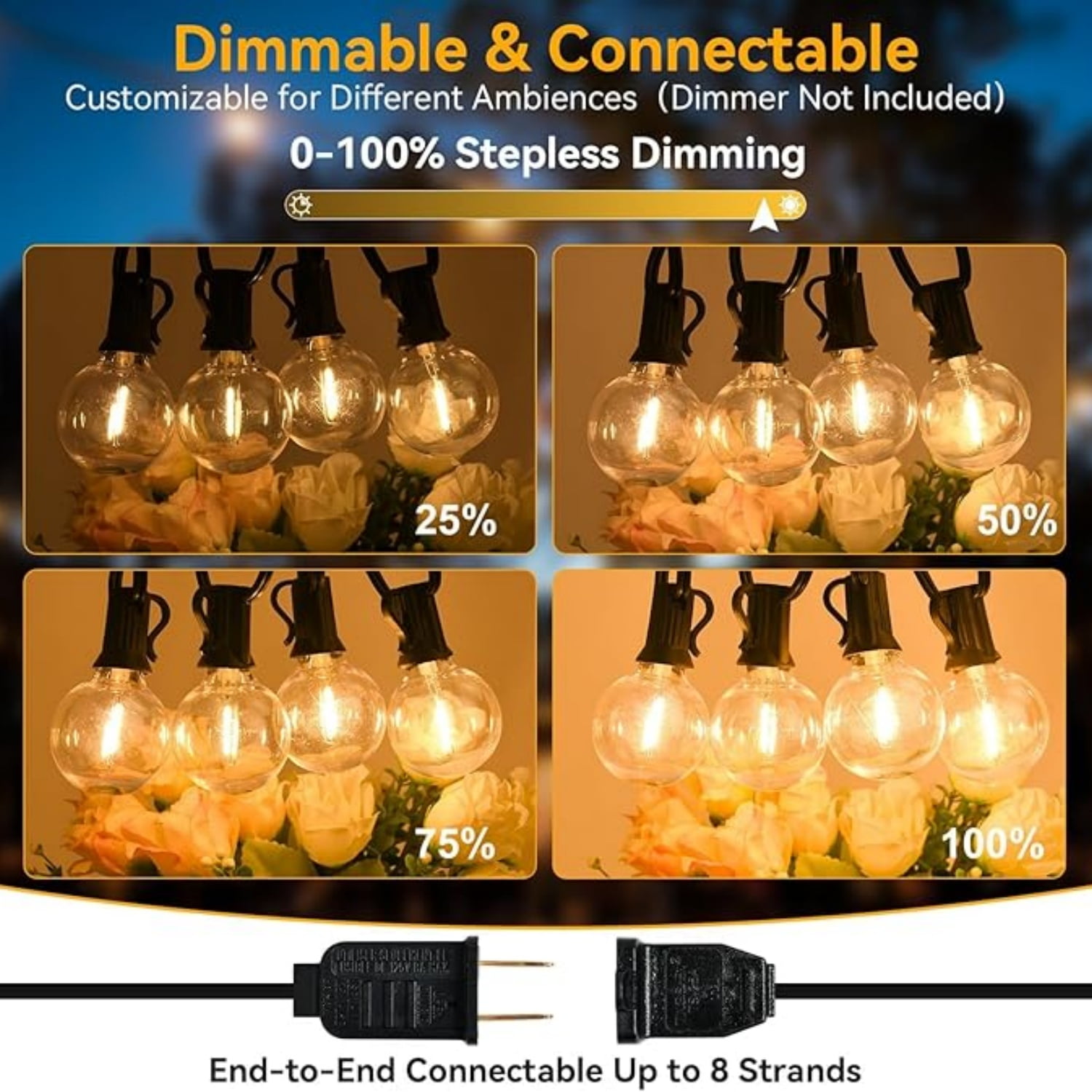 100ft Outdoor String Lights Waterproof/Connectable/Dimmable with 62 LED Shatterproof Bulbs UL Listed, G40 Globe 2700K Patio Lights Outdoor Lighting for Backyard Porch Cafe Party Wedding Garden