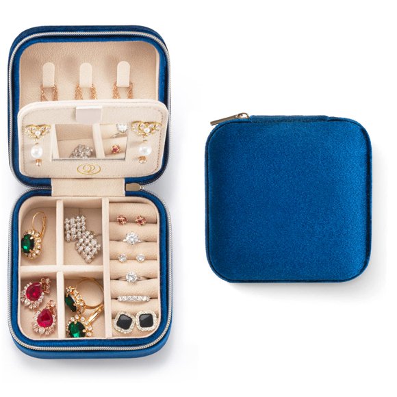 Estuche de viaje para joyas ZPROW de terciopelo de felpa con espejo, color azul marino