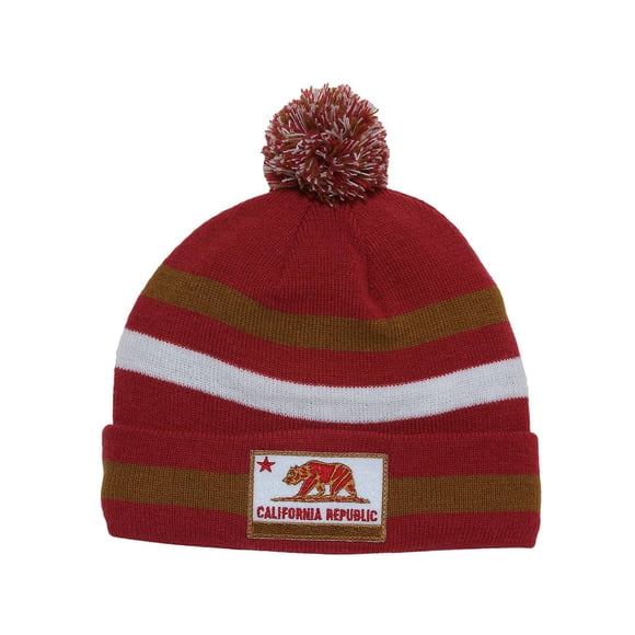 California Republic Patch Striped Beanie w/ Pom - Amaranth Red/Olive Green/White