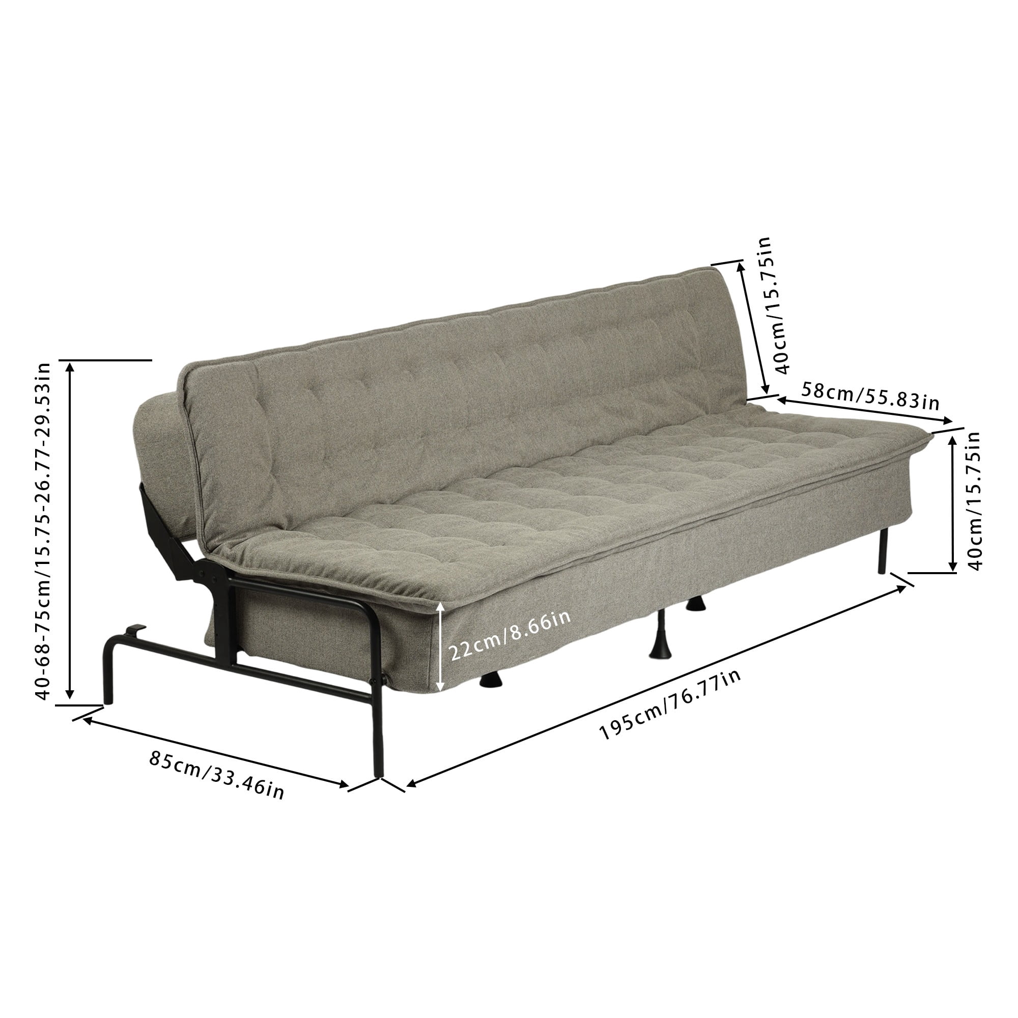 BSHTI 76" Linen Futon Sofa Bed – 3 Adjustable Backrest Angles, Convertible Couch, Metal Frame with Anti-Slip Feet, Space-Saving for Apartment Living Room Small Space，Gray