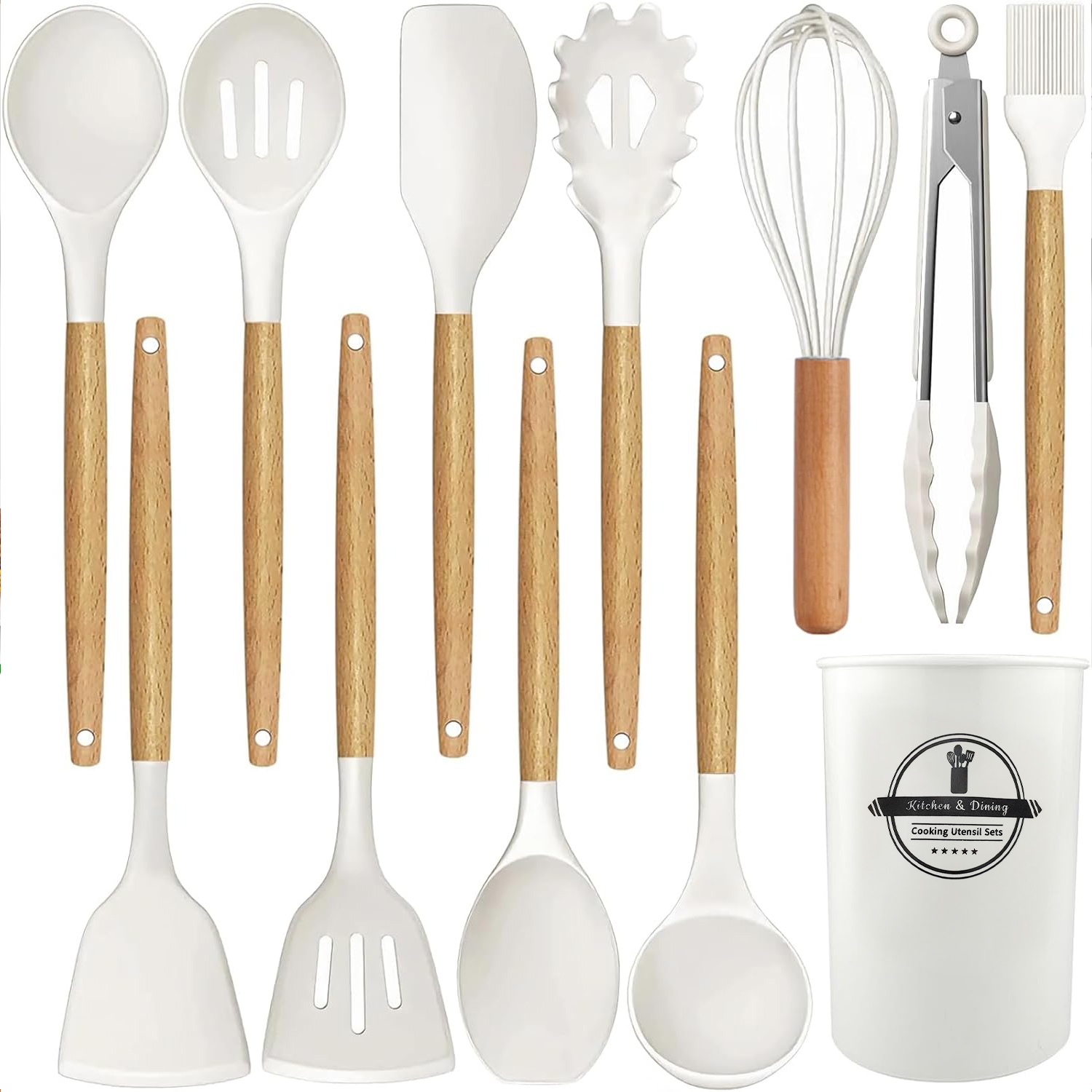 Behome Cooking Utensils Set, 12 packs Non-Stick Silicone Cooking Kitchen Utensils Spatula Set with Wooden Handles and Holder, Heat Resistant Food Grade Kitchen Utensils, White