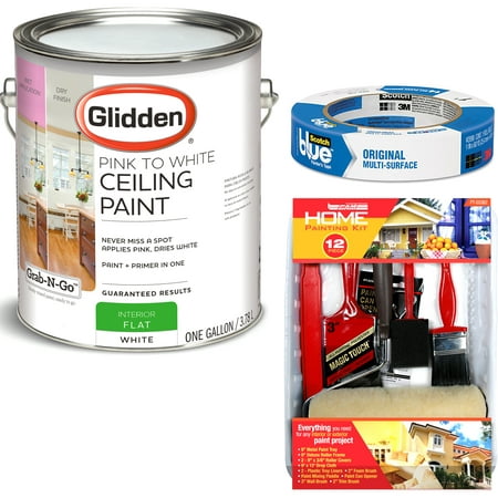 Glidden High Enduance Plus Ceiling Paint White Flat Interior 1 Gallon with ScotchBlue Painters Tape Original Multi-Use, .94in x 60yd(24mm x 54,8m