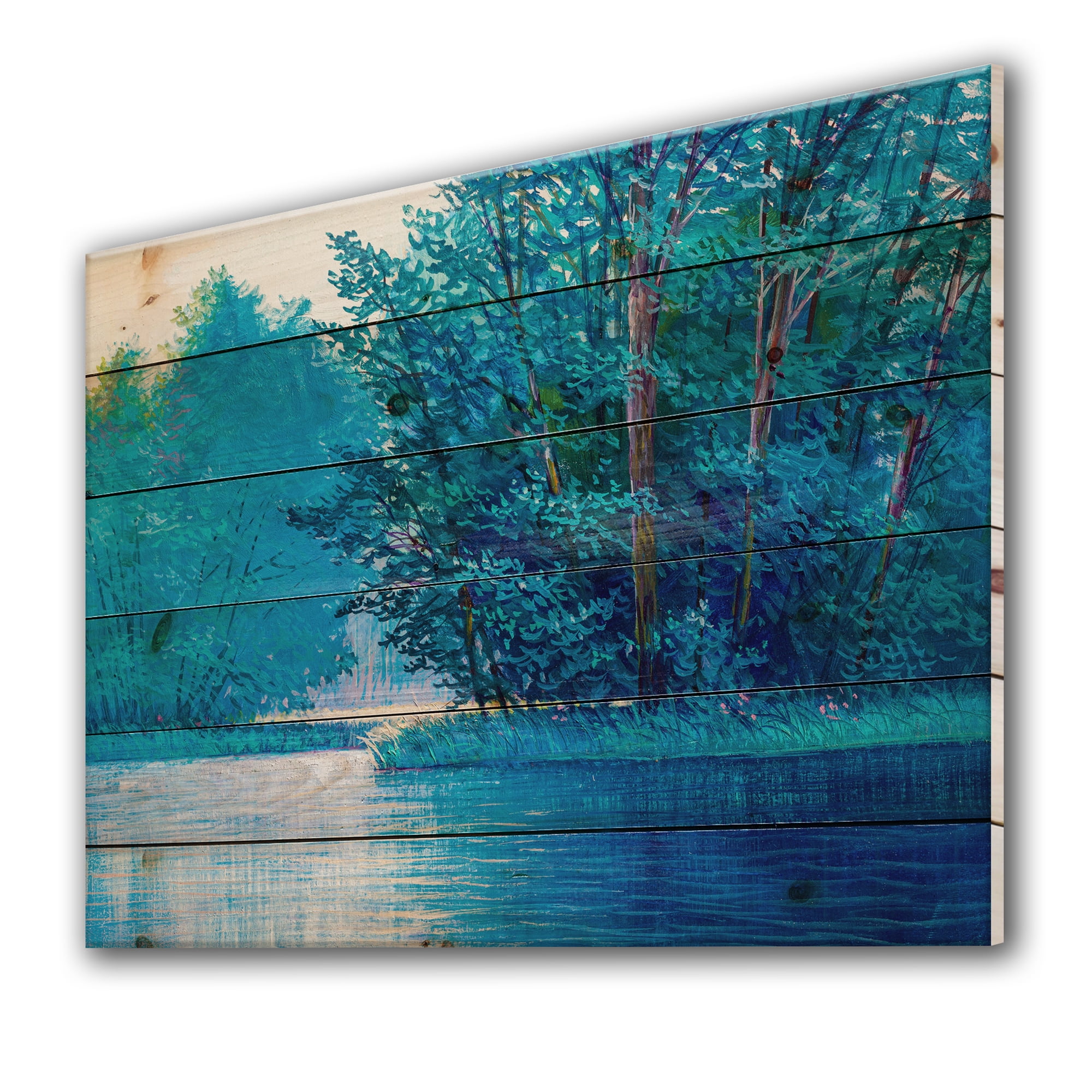 Designart 'Summer Forest With River And Waterfall' Farmhouse Print on Natural Pine Wood