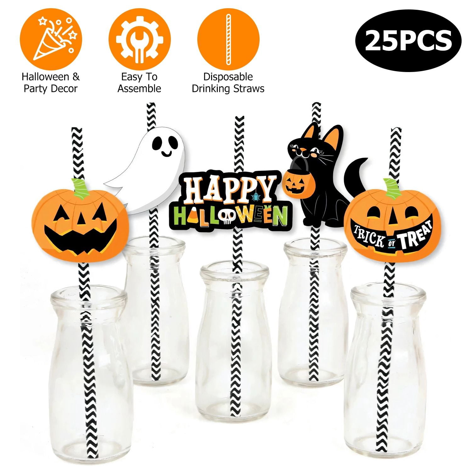 Halloween Paper Straws Set with 24 Decor Cards 25 Straws for Party Birthday Trick-or-Treat Craft Supplies