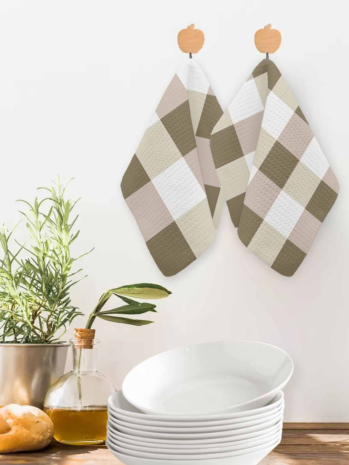 Brown Plaid Kitchen Dish Towels for Drying Dishes Set of 3, Spring Summer Farmhouse Buffalo Checkered Waffle Weave Microfiber Hand Tea Bathroom Towels Quick Dry & Absorbent Towel 12x12