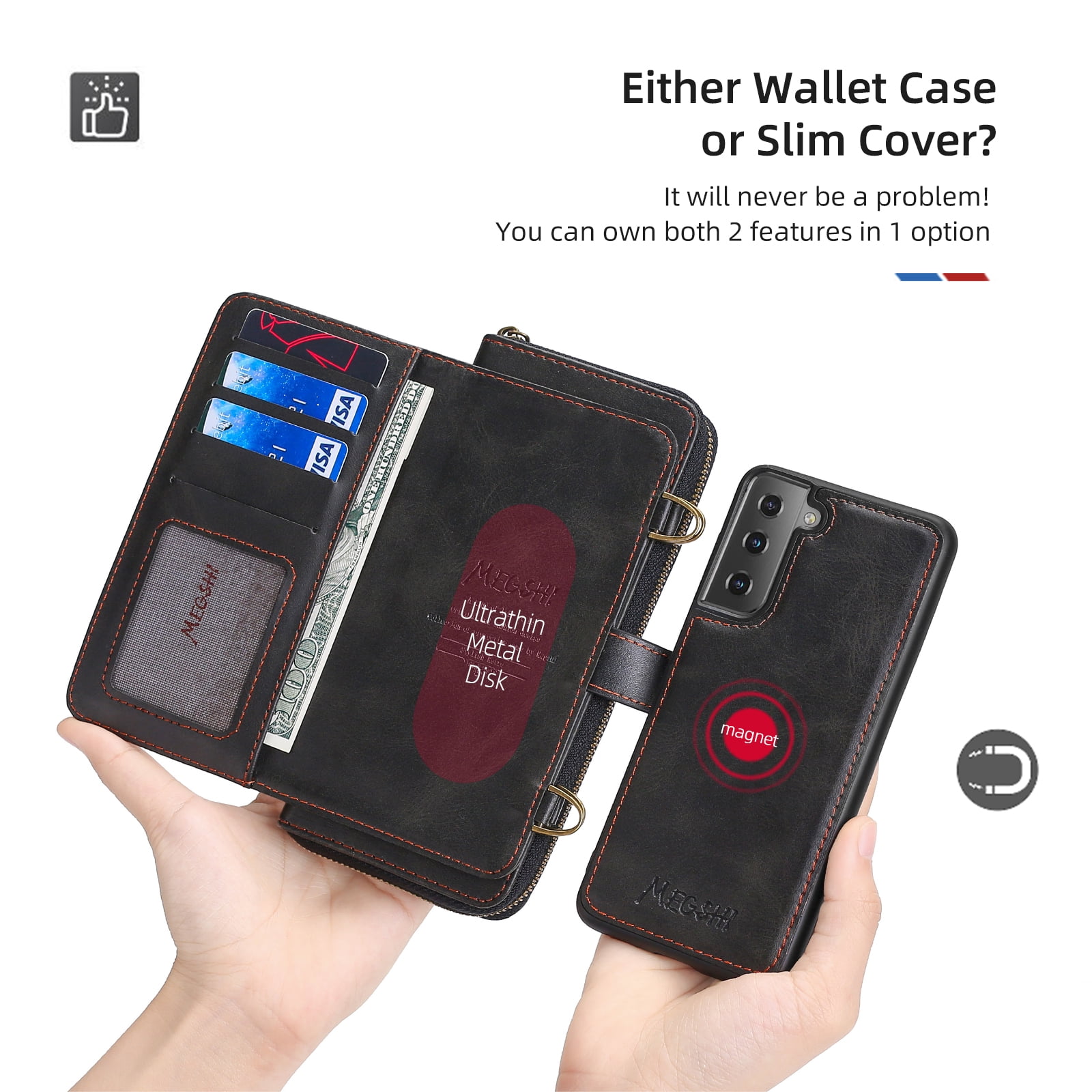 Galaxy S22 Wallet Case Premium Leather Flip Zipper Detachable Magnet Wallet Stand Card Holder Case with Crossbody Lanyard Strap Zipper Pocket Cover for Samsung Galaxy S22 6.1 inch 2022,Black