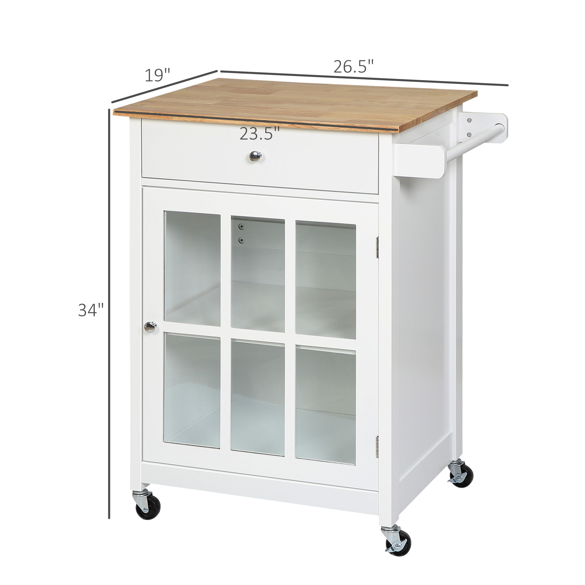 Knubmt Wood Top Kitchen Island with Drawer and Glass Door Cabinet, Rolling Kitchen Cart with Shelf and Towel Rack, White