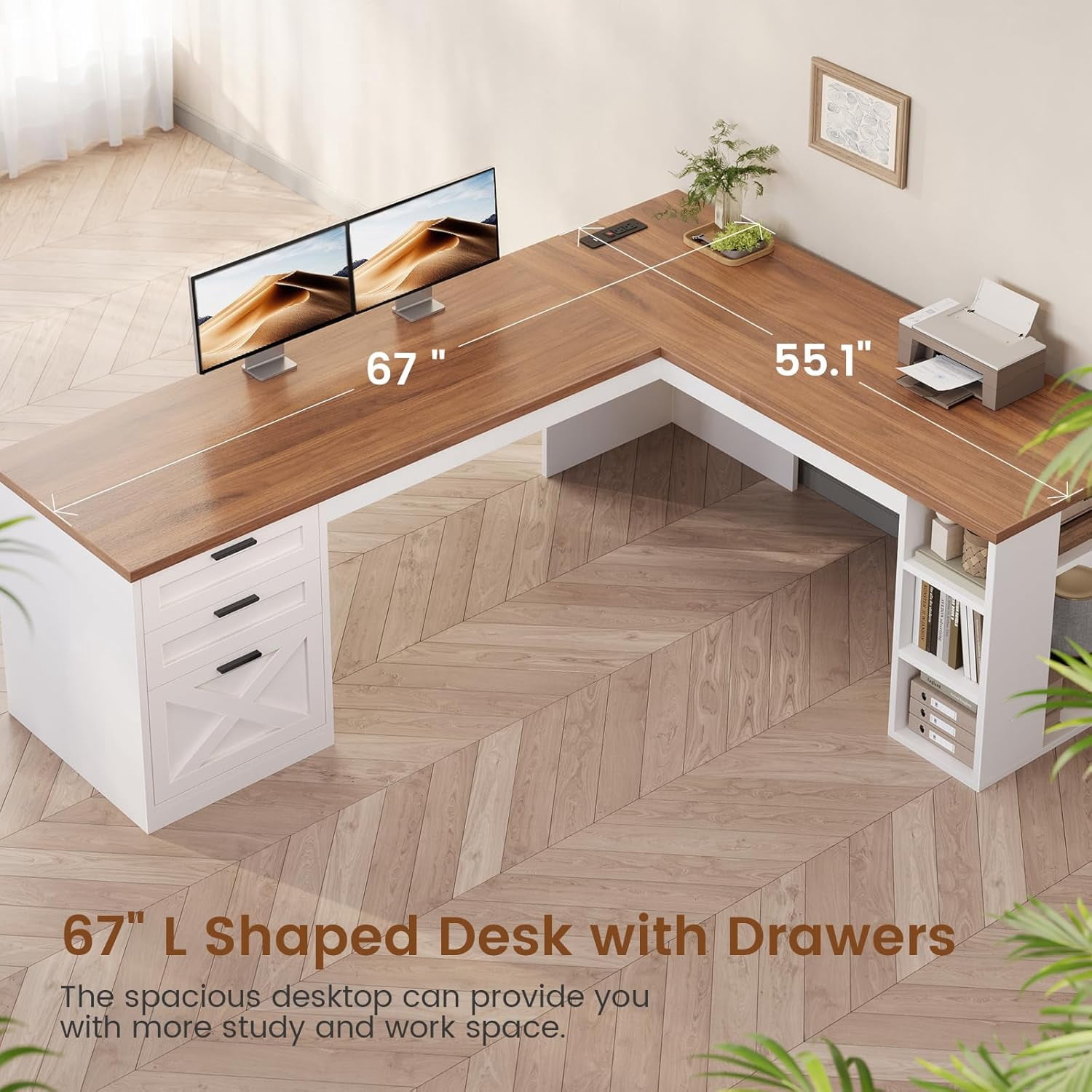 Farmhouse Desk with Storage, L Shaped Desk with Power Outlets & File Drawer, Corner Desk with Spacious Desktop & Open Shelves for Home Office, Computer Desk with 3 Drawers, White & Brown Top