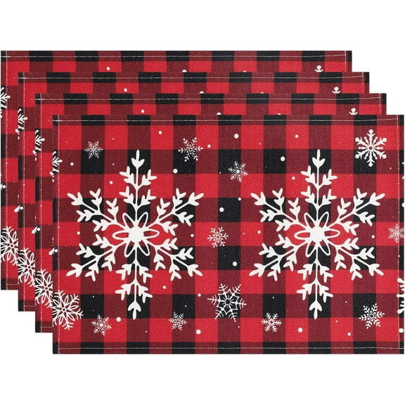 Snowflake Christmas Placemats Set of 4 Buffalo Plaid Winter Placemats Cotton Blend Christmas Table Mats Washable Christmas Place Mats for Indoor Outdoor Party Kitchen Dining Decor(12x18 INCH)