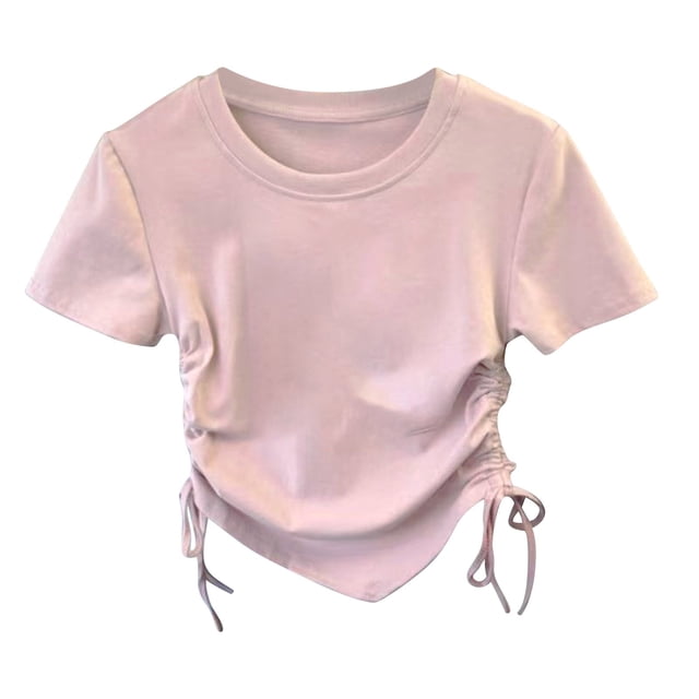 SUXIAN Girls Summer Shirts Solid Tee with Irregular Short Sleeve Top for Girls Tee Solid Color Crew Neck Drawstring Asymmetric Hem Detail Birthday Shirt Red 7-8 Years