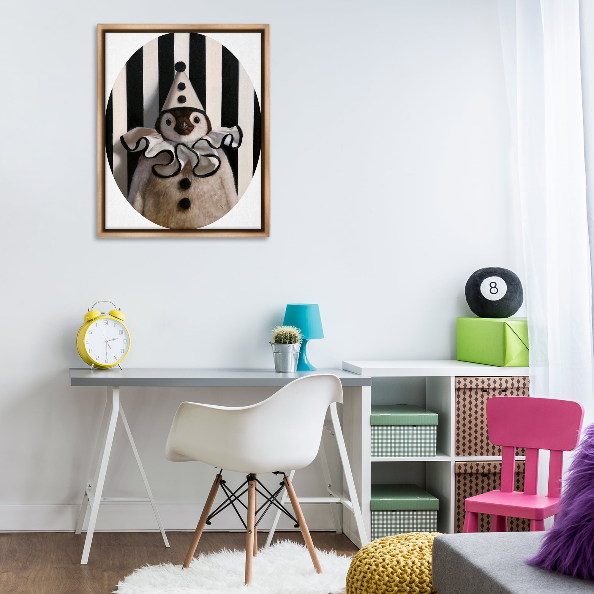 Stupell Industries Clown Themed Penguin Animals Painting Brown Floater Framed Canvas Art Print Wall Art, 25 x 31