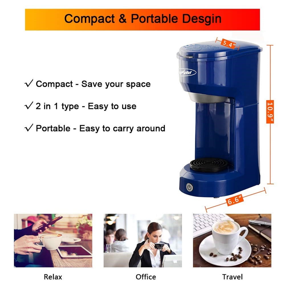Superjoe Single Serve Coffee Maker Brewer for Single Cup Coffee Machine  With Permanent Filter, 6oz to 14oz Mug, One-touch Control,Blue 