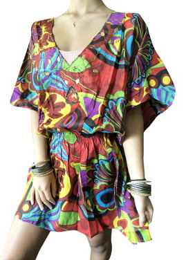 Mogul Women Short Caftan dresses, Multicolor Floral Printed Beach Cover Up, Soft Comfy Summer Cotton Kaftan Dresses S/M/L