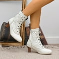 thumbnail image 4 of Rokment Women's Vintage Combat Dress Boots Retro White Black Leather Pointed Toe Kitten Heels Mid Calf Ankle Booties White Size 7.5, 4 of 8