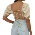 thumbnail image 4 of Xuanfei Women Solid Color Square Neck Puff Sleeve Backless Strap Lace Up Crop Top, 4 of 5