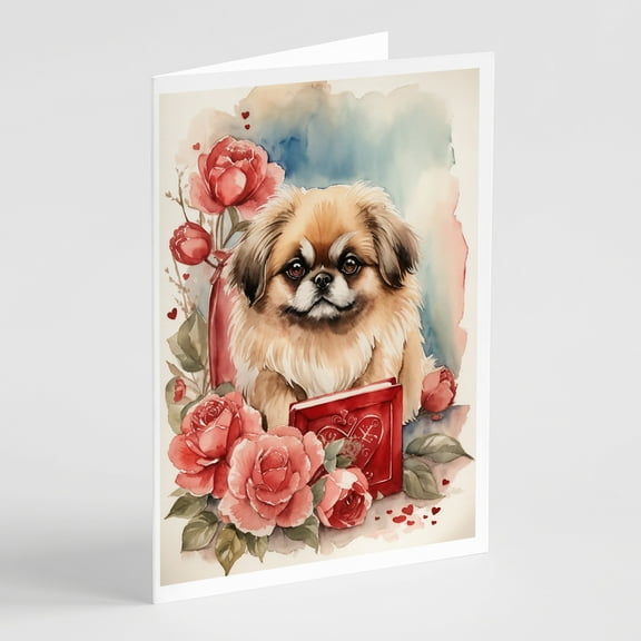Pekingese Valentine Roses Greeting Cards Pack of 8 7 in x 5 in