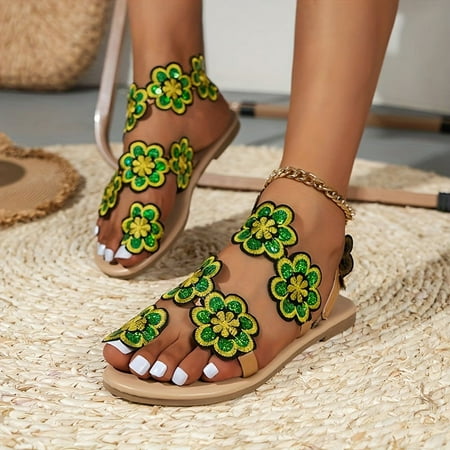 

Butterfly Embellished Summer Sandals - Comfortable Flat Sole - Easy Slip-On Design for Casual Wear