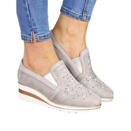 

Woobling Womens Round Toe Slip-On Fashion Sneaker Wedges Rhinestone Loafers Casual Shoes