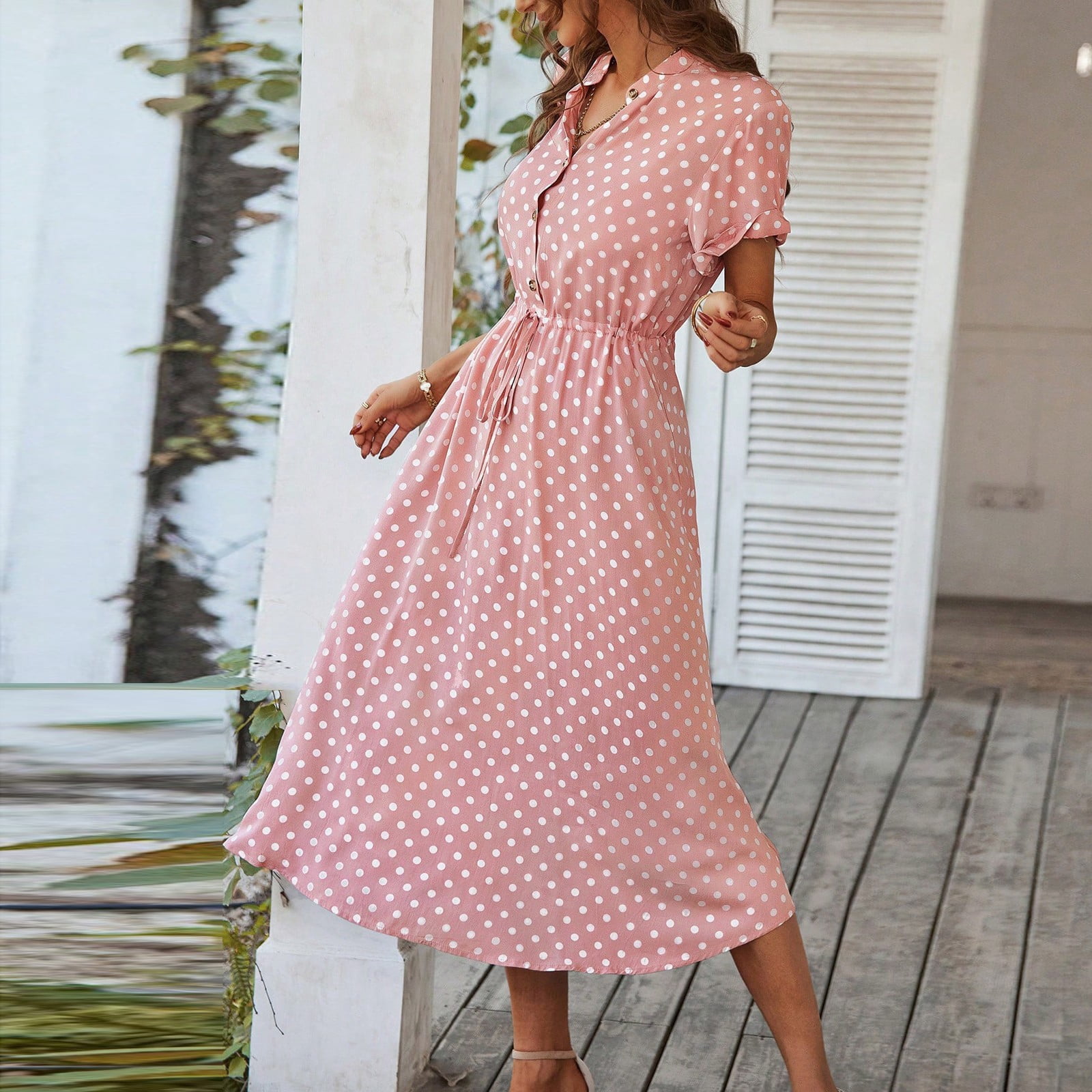 Women's Vintage Polka Dot Midi Dress Short Sleeve V-Neck Button Down Casual Summer Dress with Adjustable Waist Tie,Pink L - Walmart.com Women's Vintage Polka Dot Midi Dress Short Sleeve V-Neck Button Down Casual Summer Dress with Adjustable Waist Tie,Pink L - Walmart.com
